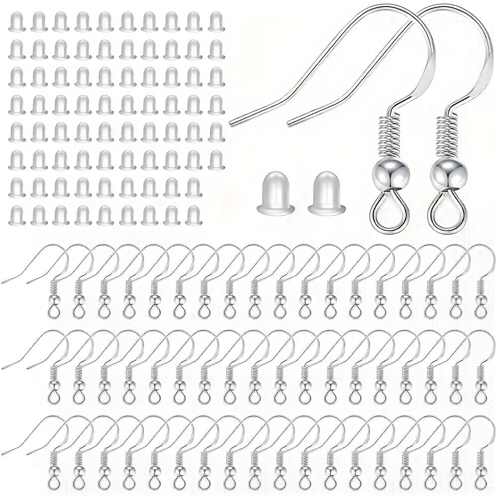 TEMU 240pcs 925 Silver Plated Earring Hooks Kit, Ear Wires Fish Hooksfor Jewelry Making, Hypo-allergenic Jewelry Findings Parts With Clear Earring Backs Stoppers