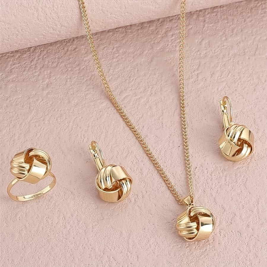 TEMU Three-piece Set Of European And Style, Simple Knotted Flower Rose, Stainless Steel Necklace, Earrings, Ring, Wedding Dance Jewelry, Multi-piece Set