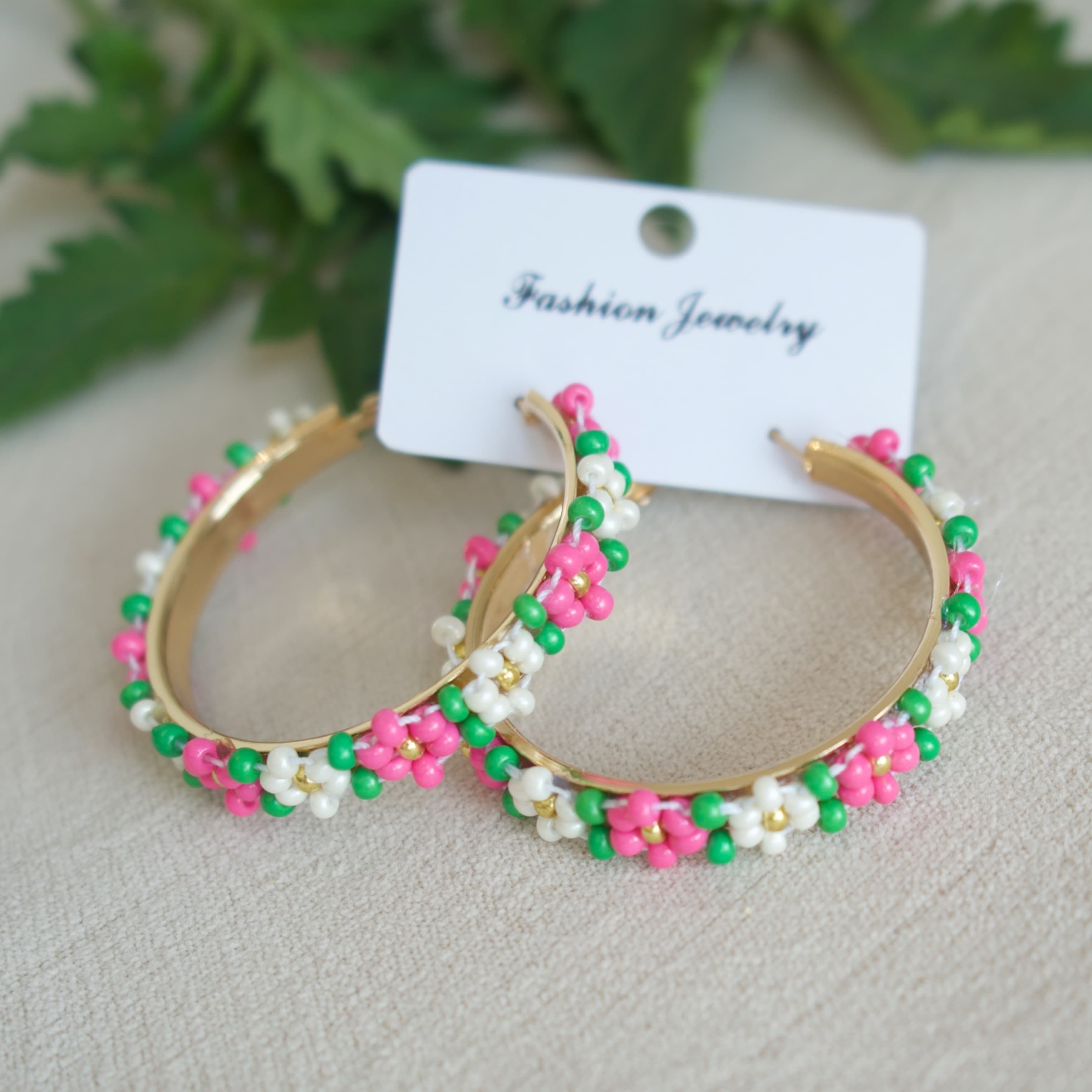 TEMU 2pcs Of Rice Bead Flower Hoop Earrings, Bohemian Style, Handmade For Spring And Summer, Fashionable For Women