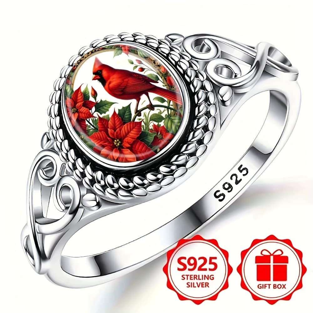 TEMU Stylish Silvery Ring Featuring A Bird And Red Flowers. Bohemian Engagement And Wedding Jewelry. Oval Shape. Everyday Gift. Jewelry For All . Bohemian Ring. Durable .
