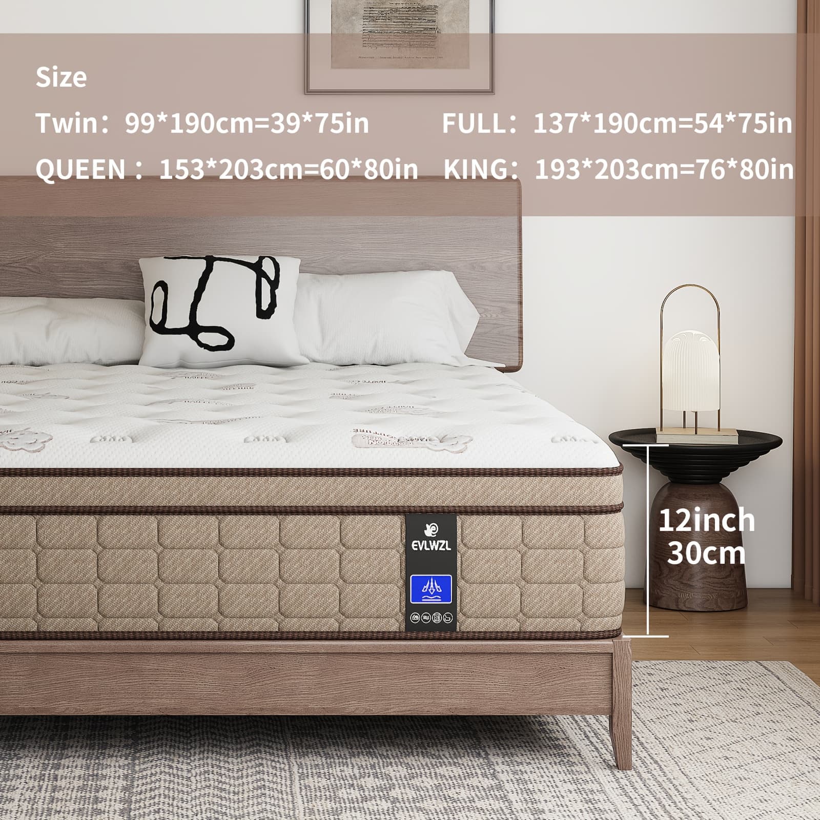 TEMU Evlwzl 12" Extra-large Mattress, Queen Size, Full-size, Double Mattress, Featuring An , Independent Springs, And Memory Foam, Medium Firmness, For A Comfortable Sleep,