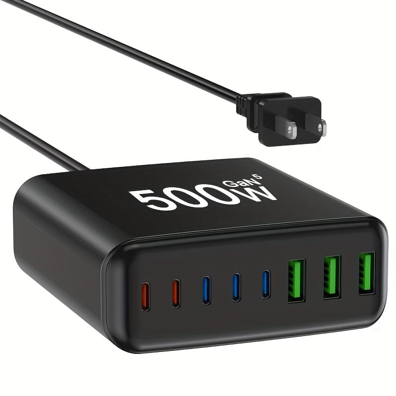 TEMU Usb-c 500w Fast Charger, 8-port Usb Charging - Upgraded Version With Pd 100w Laptop, Phone Wall-mounted Portable Charger Power Adapter Suitable For Devices And