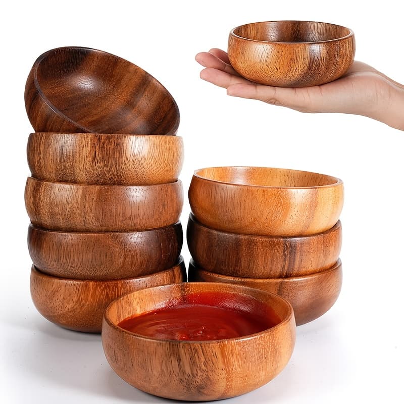 TEMU 10/5pcs Acacia Wooden Bowls Small Bowls Carved Dip Trays For Serving Popcorn Pasta Candy Cereal Coconut Nuts Sauce Appetizers Kitchen