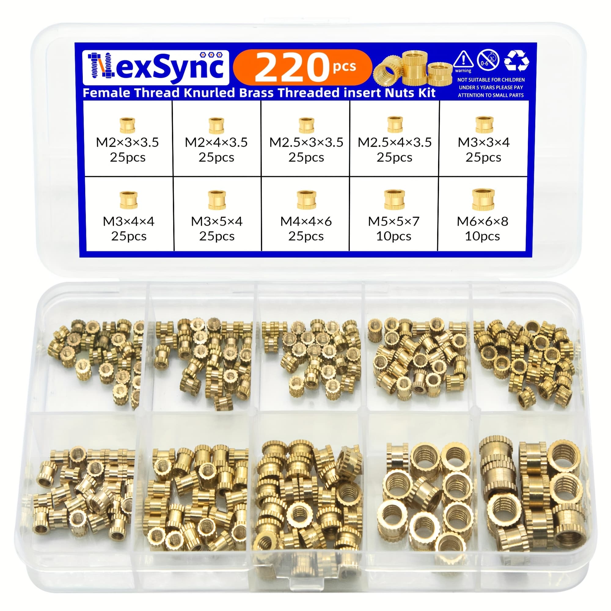 TEMU Nexsync 220pcs Brass Threaded Insert Nut Assortment Kit - M2 M2. 5 M3 M4 M5 M6, Partially Threaded, Snap-in, Thread , Knurled Nuts
