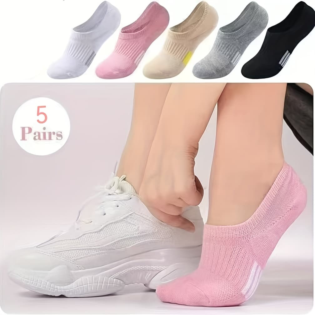 TEMU 5-pair Comfortable, Breathable, Fashionable Pink Classic Solid Color Black, White, And Gray Ankle Socks With Elastic Band, No-show Socks, Athletic Socks