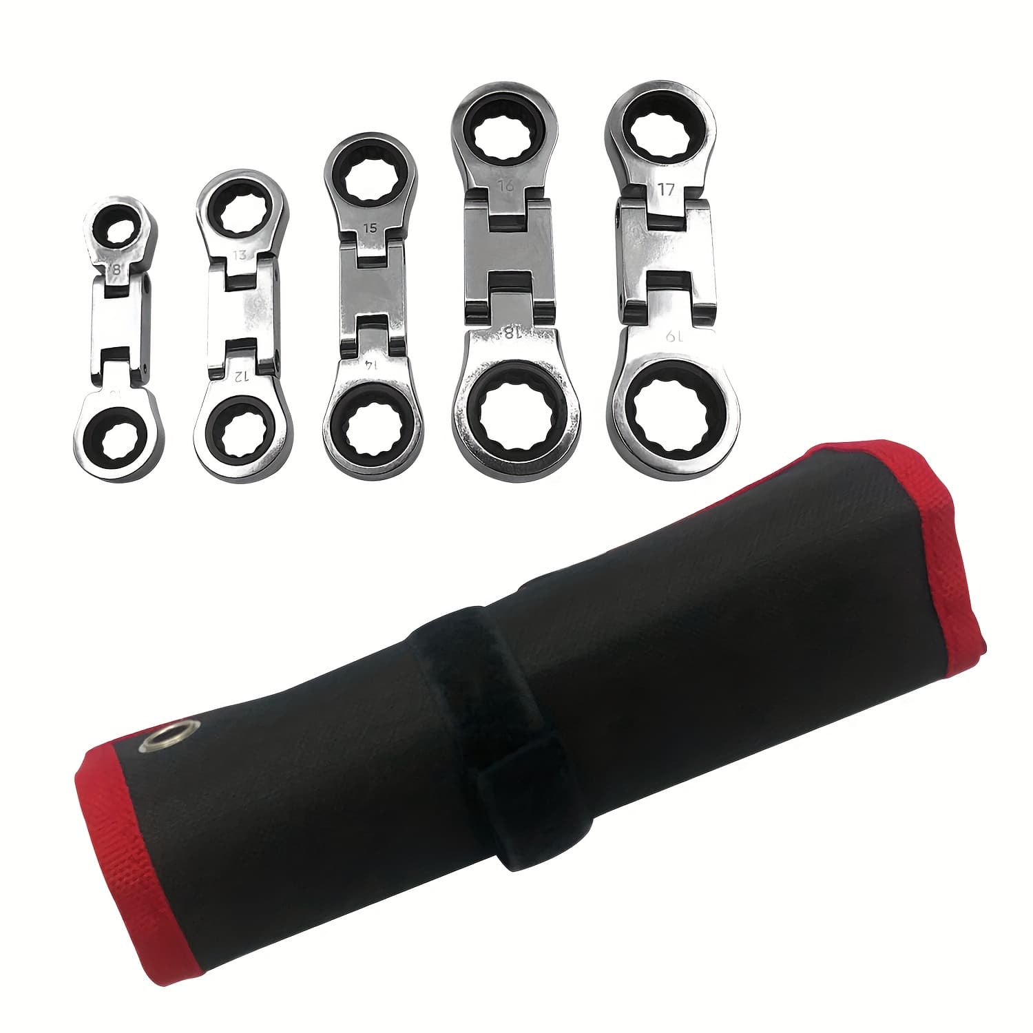 TEMU 5pcs Set Of Elastic Head Ratchet Wrench Metric Combination 72-tooth Rolling Bag 8m10m12m13m14m15m16m17m18m19m