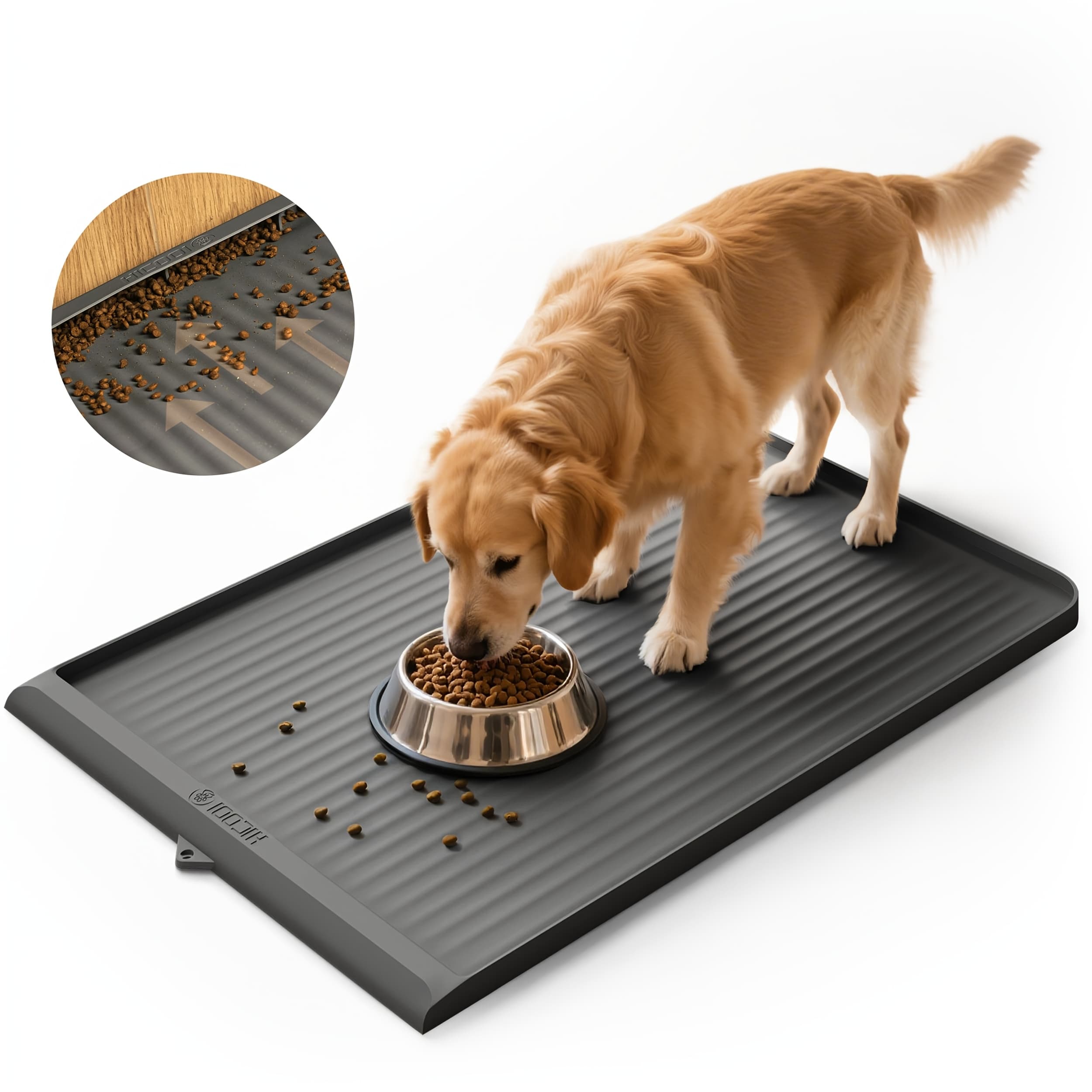 TEMU Dog For Food Mat 36"x24", Waterproof Pet Feeding Mat With Diversion And Raised Edges, Large Non-slip Dog Bowl Mat For Food And Water, Cat For Food Mat For Floors, Easy To Clean, Grey