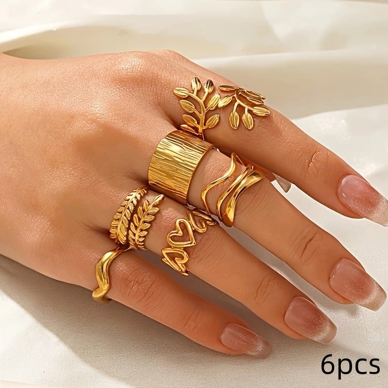 TEMU 5pcs 6pcs Golden Stainless Steel Open Adjustable Women's Ring Set Metal Hip-hop Gift Additions