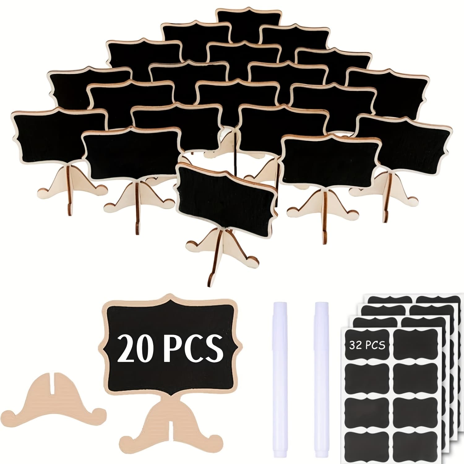 TEMU 20pcs Mini Chalkboard Signs, Small Chalkboard Labels With Easel Stand, Wooden Blackboard For Table Numbers, Food Signs, Wedding Signs, With 2 Liquid Chalk And Blackboard Stickers