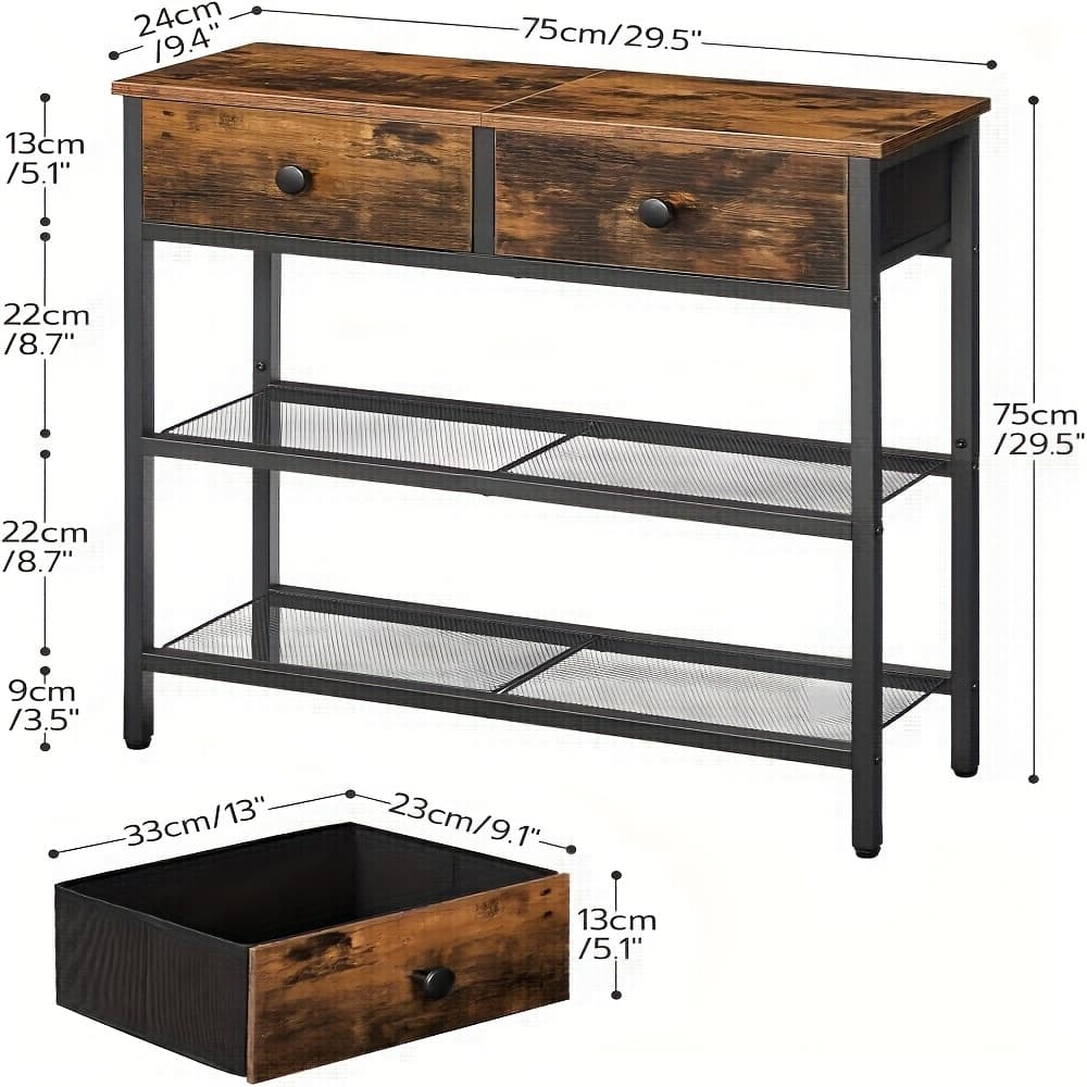 TEMU -inch Narrow Console Table With 2 Fabric Drawers, Sofa Table, Entryway Desk With 3-tier Storage Shelves For Living Room And Hallway In Rustic