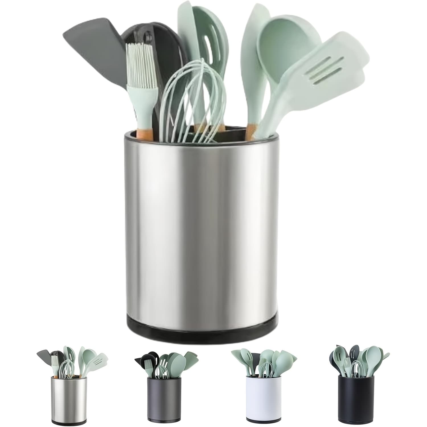 TEMU 360° Rotating Kitchen Utensil Holder Stainless Steel Countertop Organizer 3 Compartment Silverware Caddy For Spoon Spatula Cutlery Cooking Tools Storage