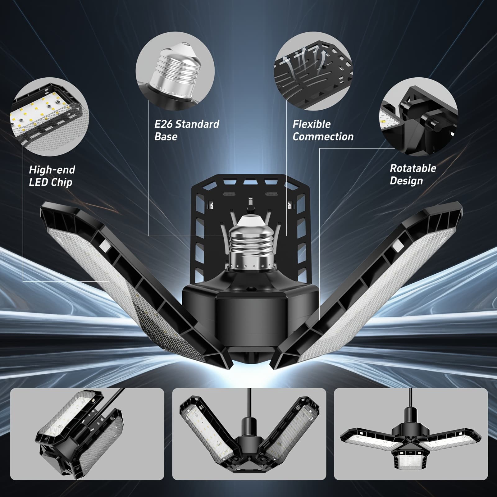 TEMU Led For Garage Light, With 3 Adjustable Panels, Wide-angle Glare Free, Aluminum Heat Dissipation, E26/e27 Screw Mouth, , Suitable For Garages, Basements, , Attic And