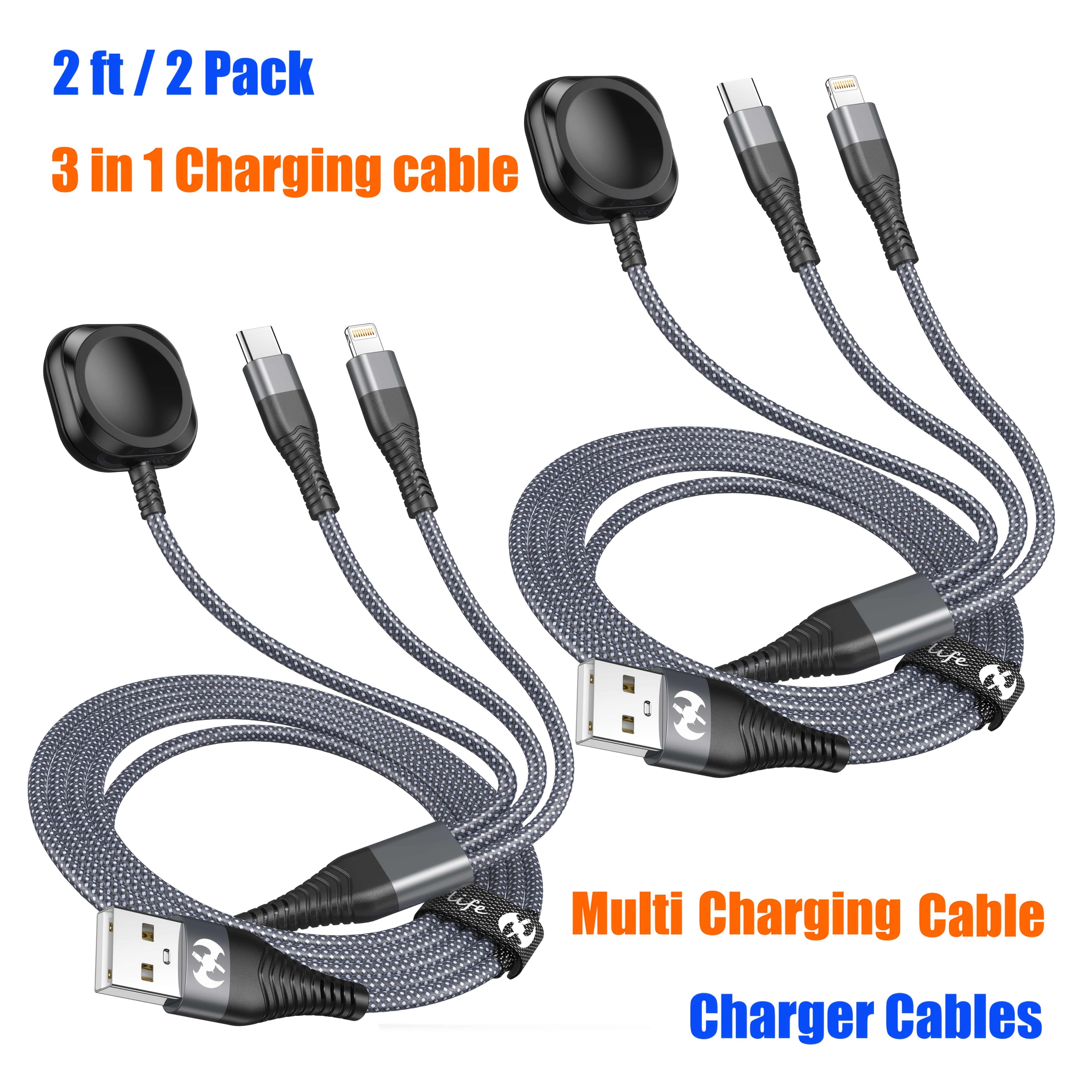 TEMU 2 Pack 2 Ft 3 In 1 Charging Cable Triple Usb Cable Multi Device Charging Fast Charging 3-in-1 Cable Charging Cable For Iwatch 3 Way Charging Cord 3 Port Phone Charger Cable 3 In 1 For Iphone