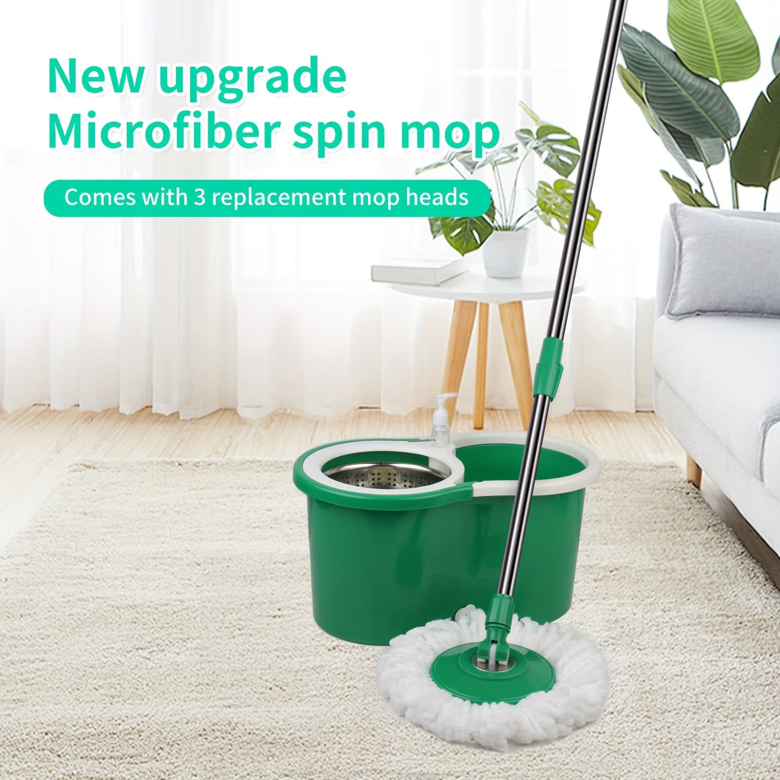 TEMU 1 Set, Mop And Bucket Set With Wringer, , Space-saving Design, And Water Drainage, 3 Replacement Heads, Green