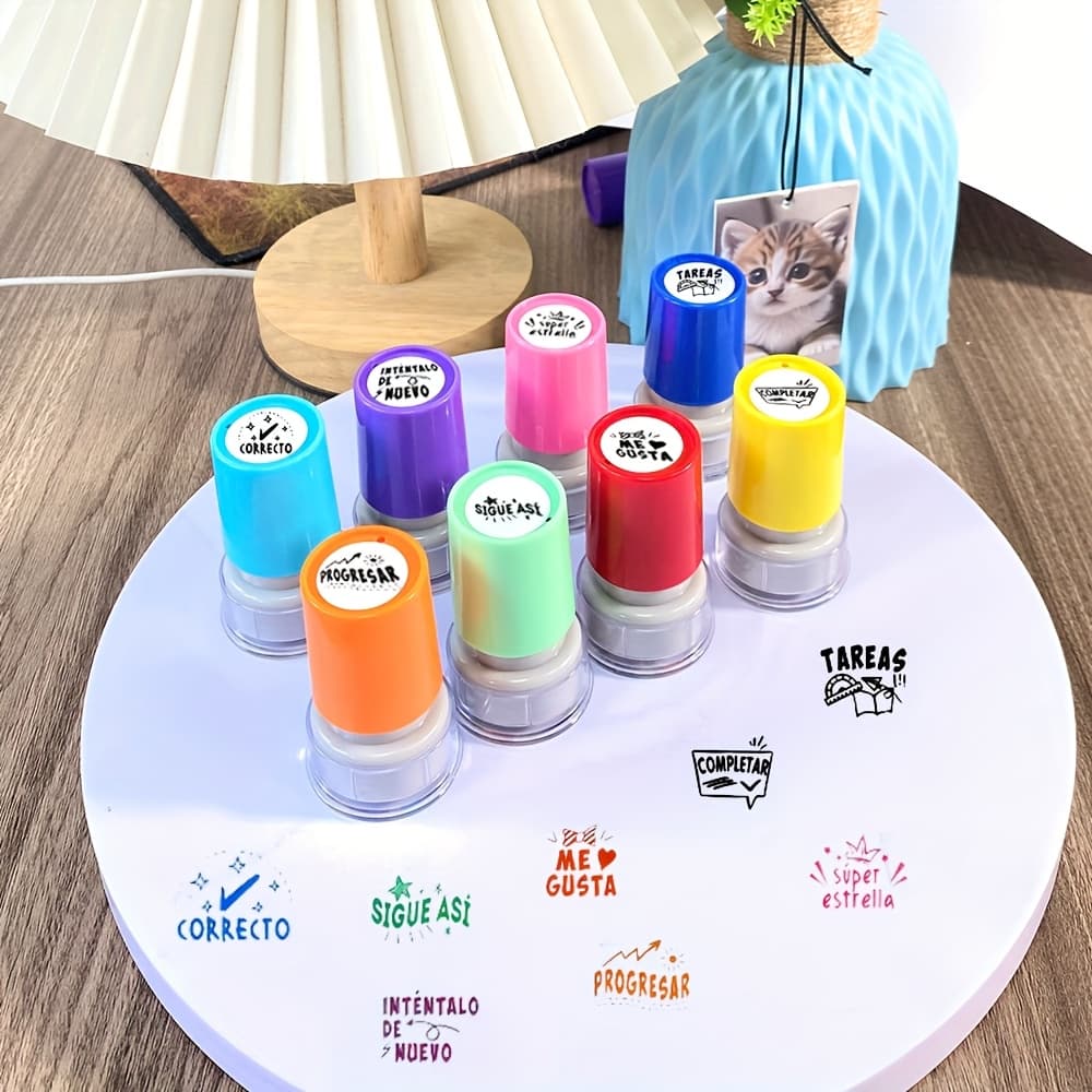 TEMU 8pcs Colorful Spanish Round Teacher Stamps For Gradebook, Stamp Rewards And Grading Assignments With Automatic Ink Flow