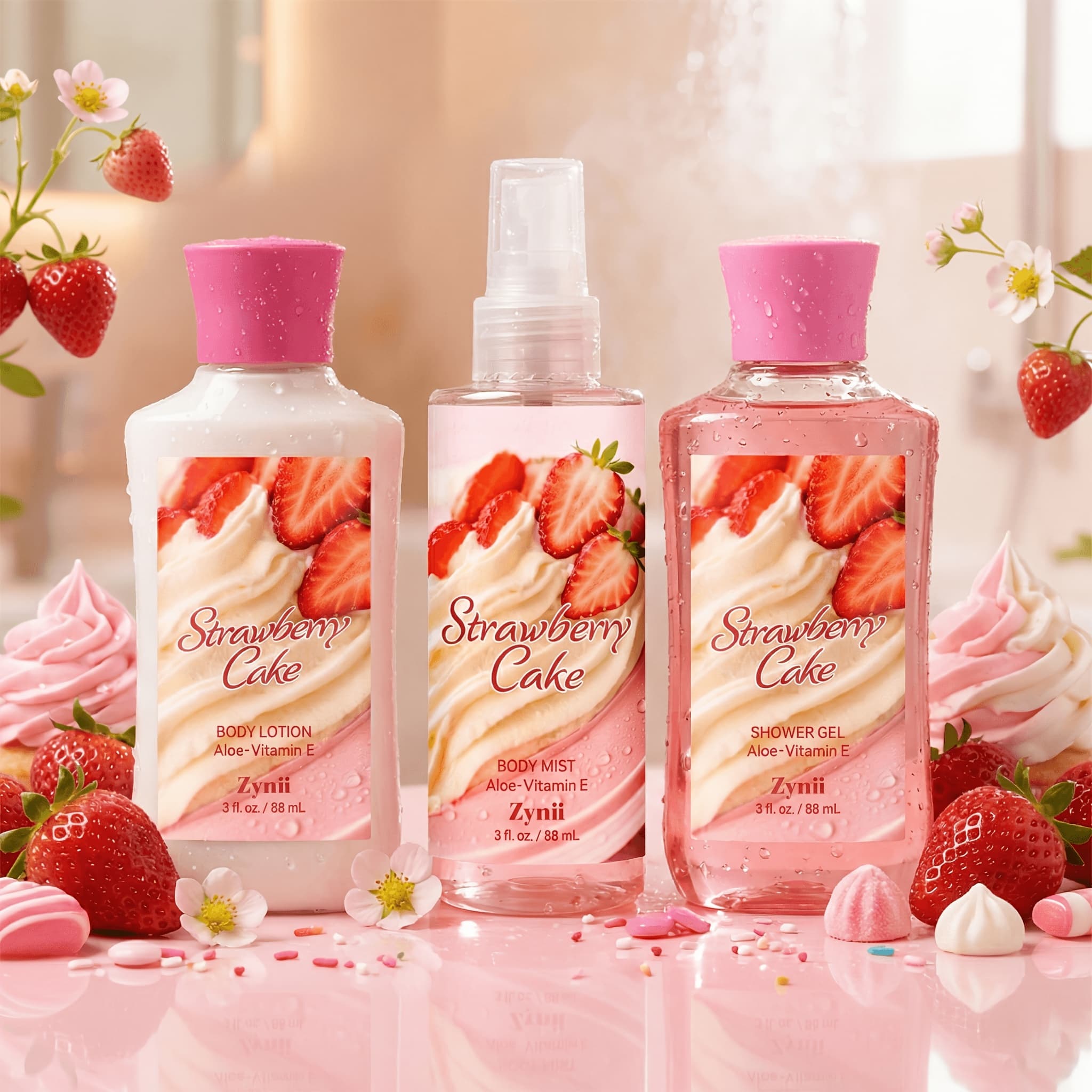 TEMU Valentine's Day Gift, 3pcs Set: Bathing Set And Perfume Shower Set, Strawberry Cake Fragrance, For Daily Use, Ideal For Home And Travel, A Gift For Couples, Perfect For Birthdays And Festivals