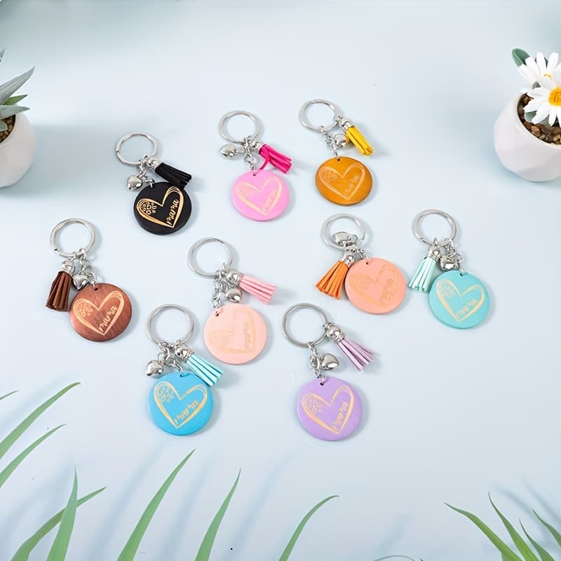 TEMU 9pcs/set Cute Love Wooden Plaque Charm With Tassel Key Ring Mama Peach Heart Charm Ring Ring Keychain Key Anti Loss Chain Pendant Keychain Holiday Gift For Mom Gift Gift