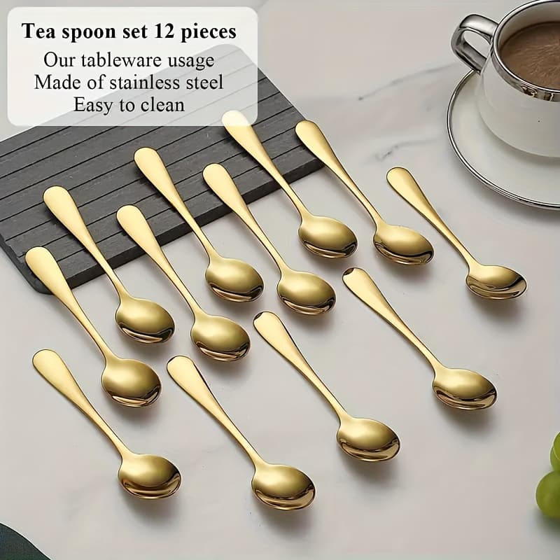 TEMU 12pcs Golden Stainless Steel Mini Teaspoons, Dessert Spoons, Coffee Spoons, Suitable For Coffee, Desserts And Salads - Dishwasher Safe