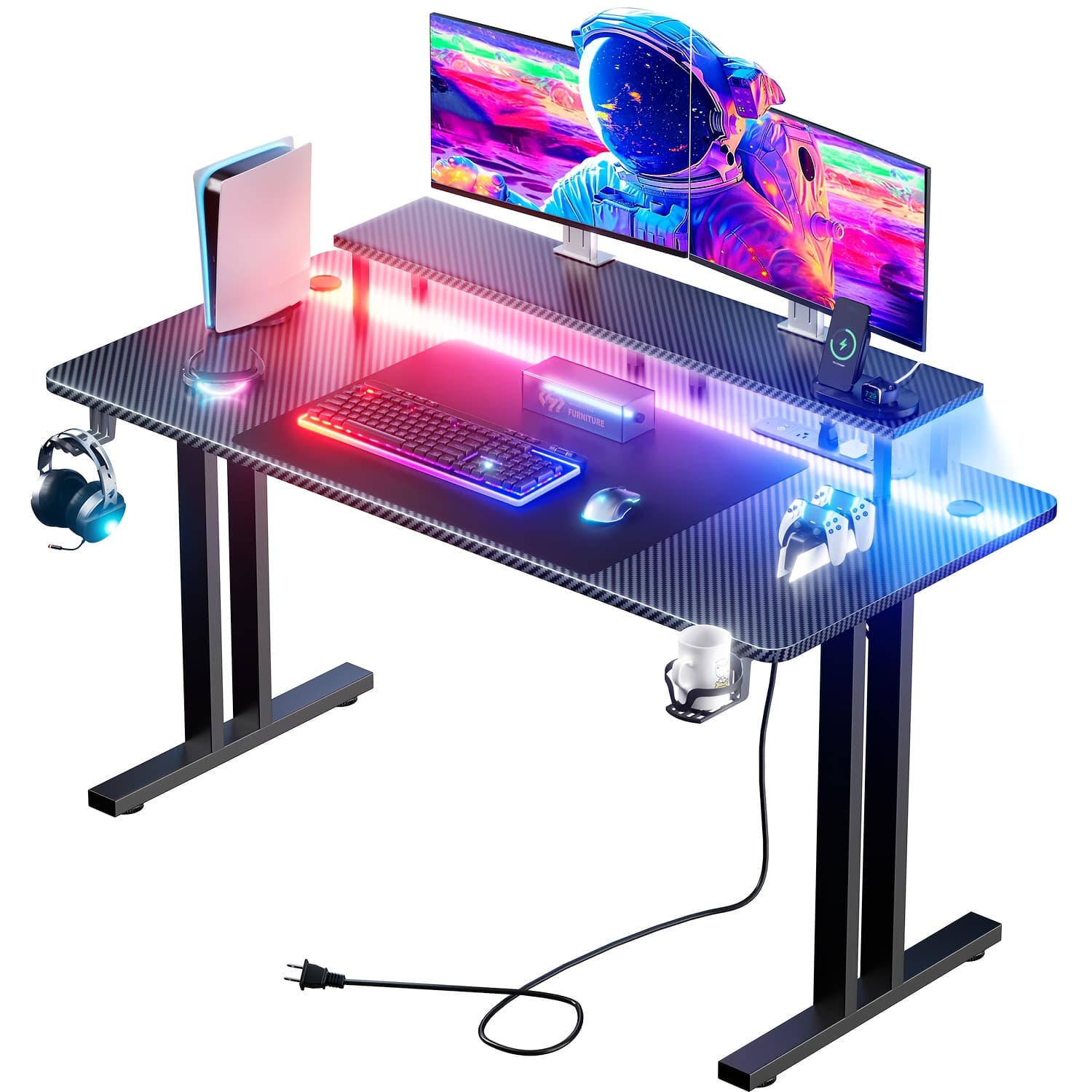 TEMU Hlfurninova Rgb Led Gaming Desk With Power Outlets And Monitor Stand, Ergonomic Computer Gaming Workstation, Large Carbon Fibre Tabletop Home Office Desk With Cup Holder And Headphone Hook, Black