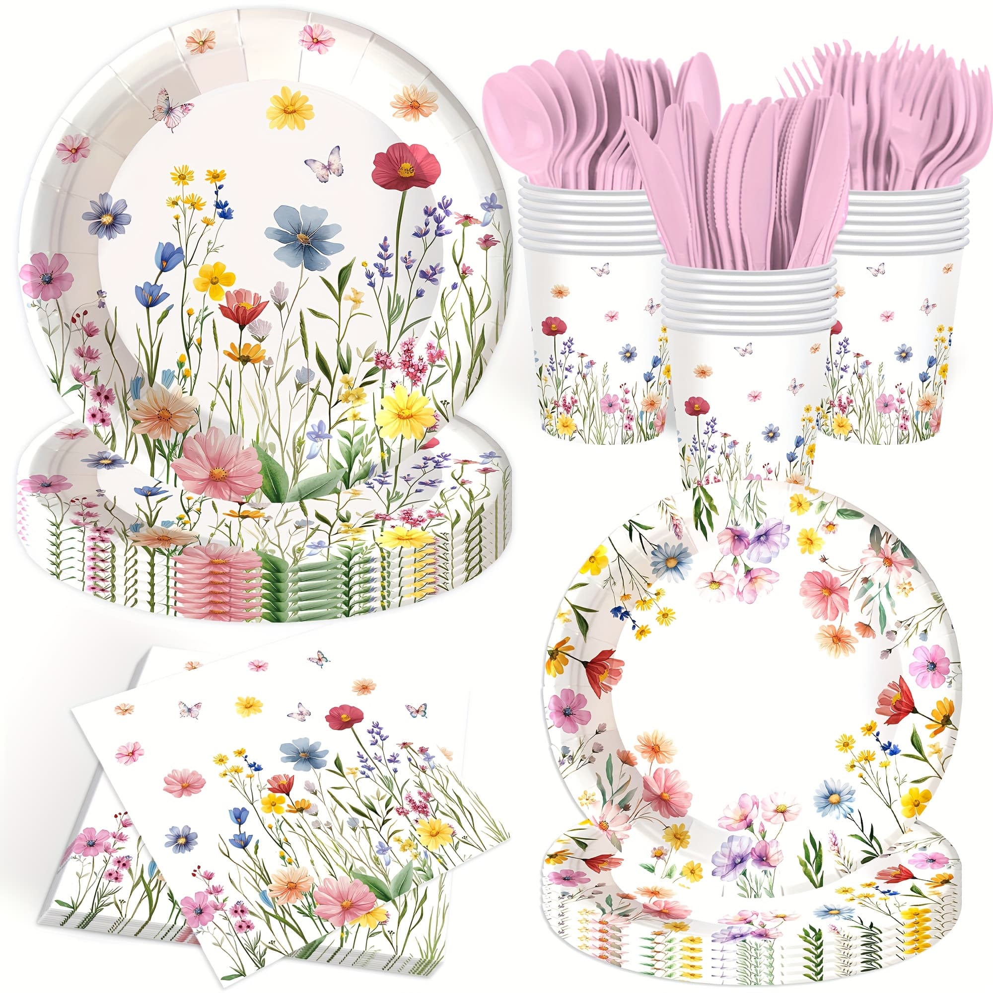 TEMU 140pcs, Party Supplies Tableware Set, Paper Plates And Napkins, Spring Summer Baby Shower Birthday Party Decorations Flower Dinner Plates, Serve For 20