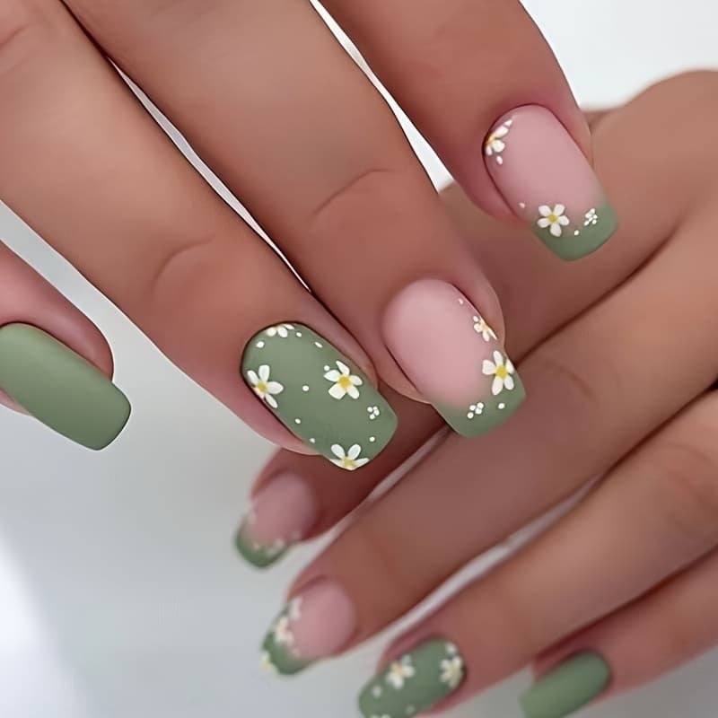 TEMU Nail Art Powder Green Gradient Daisy Pattern Fake Nails