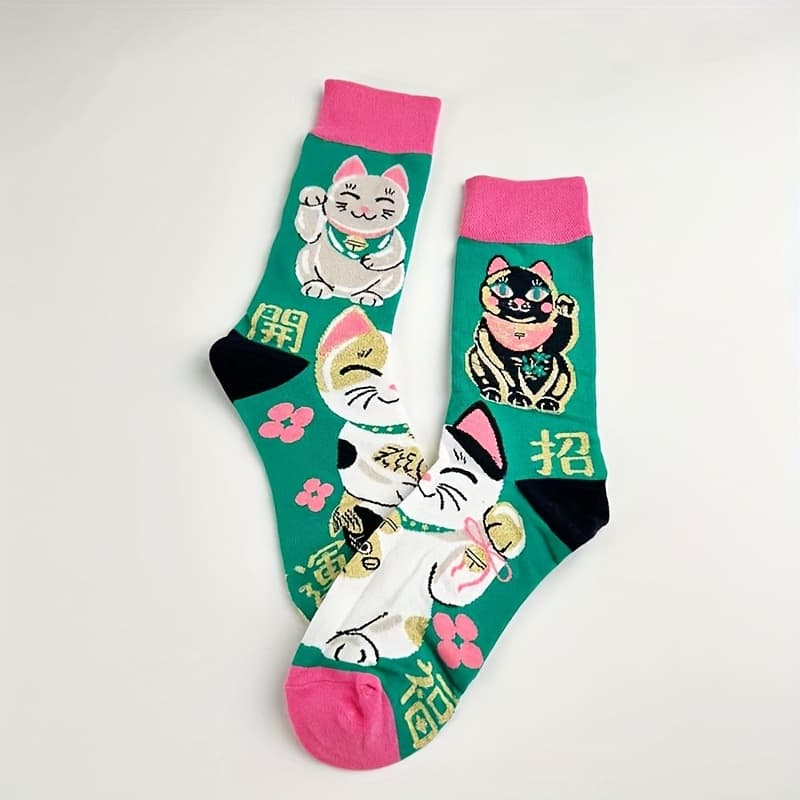 TEMU 1-pair ( For ) Cat Spring Socks - Cute Sakura Anime Sock For Fashion, Japanese Themed Outfit Accessory, Hand Washable Mid-calf Stockings Compatible For