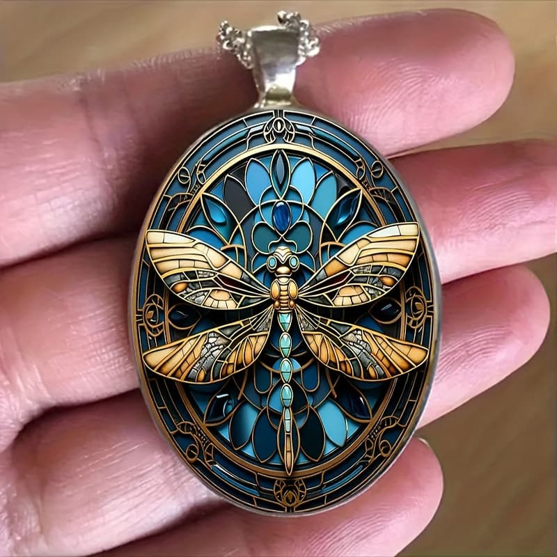 TEMU 1pc Fashion Pattern Oval Alloy Glass Pendant Necklace, Romantic Gift