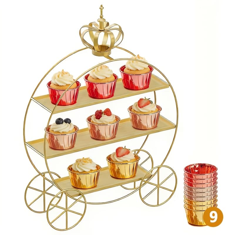TEMU Golden Round Cupcake Display Stand, Bottle Milk Storage Rack With Crown Handles, Biscuit Tray For Wedding Decoration, Birthday Party