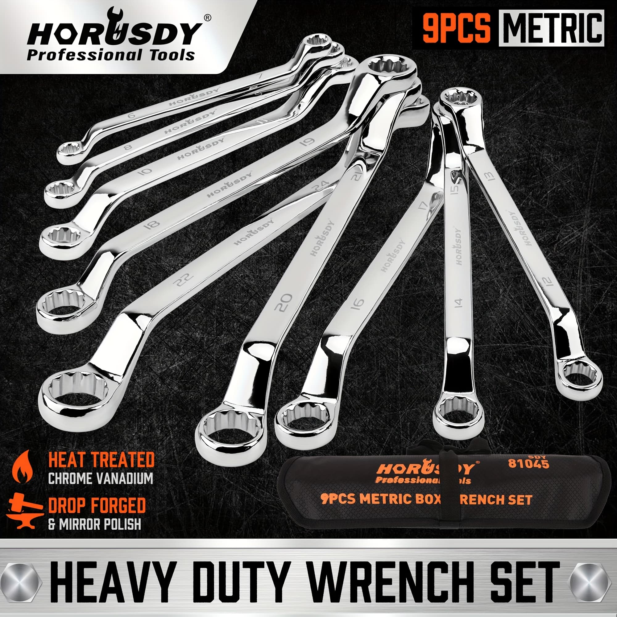 TEMU 9pcs Metric Offset Box Wrench Set With Rolling Pouch, 75-degree, Metric 6-24mm,