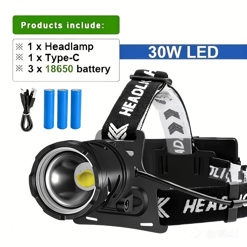 TEMU Rechargeable Via Type-c, Features (high/low/sos), Made Of Aluminum Alloy And Abs, Lightweight Design, Suitable For Work, Hunting, Fishing, Camping, And Running, Rechargeable Headlamp
