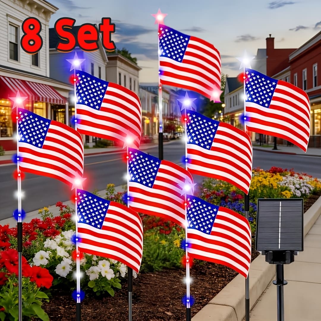 TEMU 8 Set Solaramerican Flag Pathway Lights, Decorations Outdoor, Memorial Day Red White And Blue Lights, Solar Flag Stake Lights For Garden, Yard, Cemetery, Day Decor