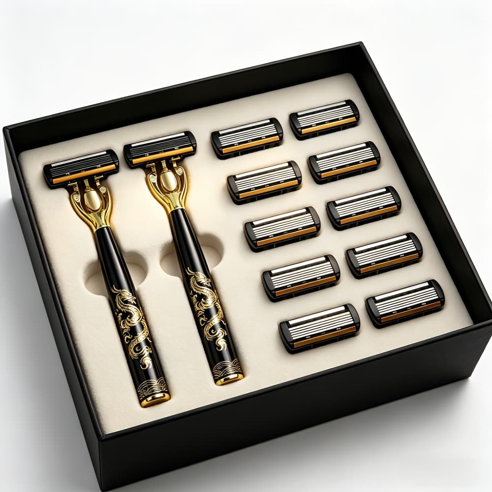 TEMU Men's Manual Safety Razor Set, Light Pattern Shaving Razor, Including 2 Handles + 12 6-layer Replaceable , Enough For 1 Year Of Use, With Stainless Steel And Ergonomic Non-slip Handle