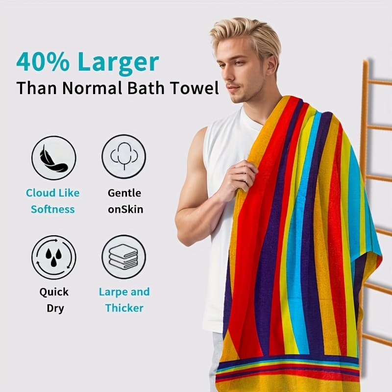 TEMU 1 Extra Large Striped Beach Towel Made From Microfiber, Designed To Dry Quickly And Resist Sand, Featuring Bright Tropical Stripes Suitable For Travel, Yoga, Camping