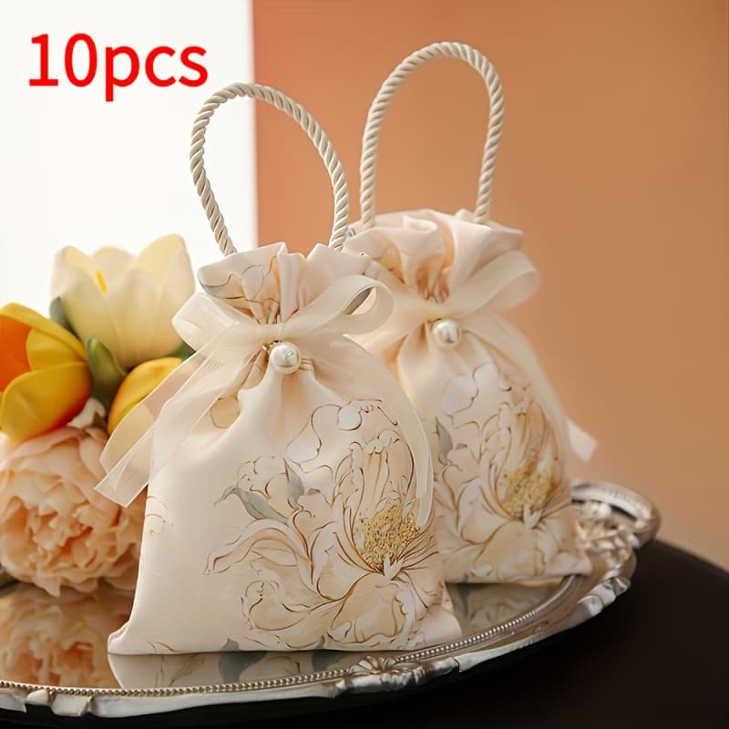 TEMU 10pcs Flower Bundle Candy Bag With Pearls And Ribbons - Exquisite Pattern, Handheld Design, Suitable For Weddings, Baby Baptisms, Birthdays, And Special Occasions, Valentine's Day,