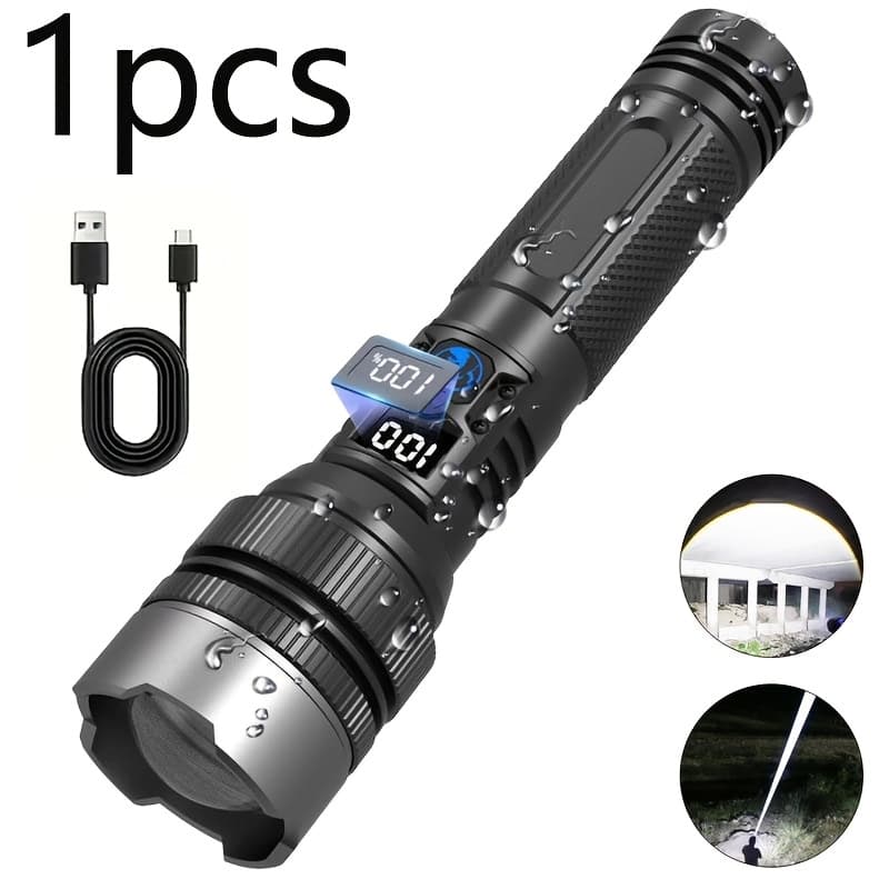TEMU Rechargeable Flashlight With A 2/1 Design, Featuring Output And , Adjustable Zoom, And An Lcd Digital Display. This Handheld Led Flashlight Is Ideal For Emergencies, Camping, Fishing, And Hiking