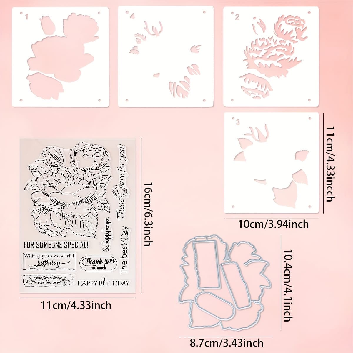 TEMU Alinacraft Offers A Set That Includes 1 Clear Stamp Of A , 4 Layering Stencils, And 1 Metal Cutting Die, Perfect For Handmade Greeting Cards, Scrapbooking, And