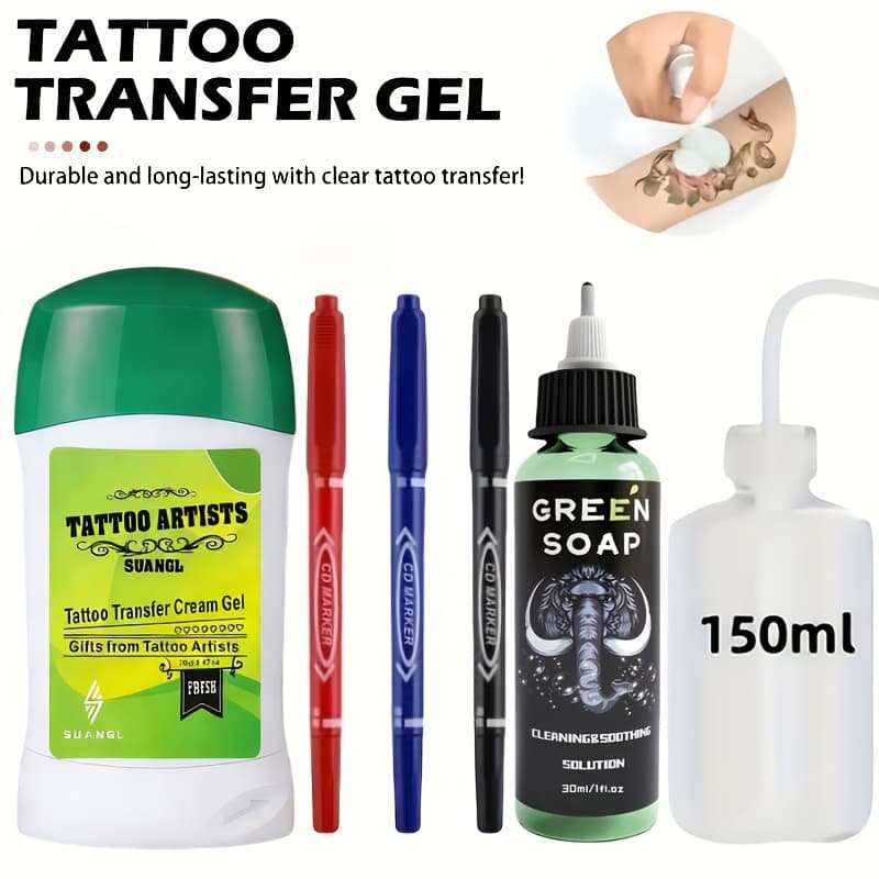 TEMU This Is Tattoo Art Kit That Includes 6 Temporary Tattoo Transfers, 60g Of Ink Gel, 01oz Of Solution. It Comes With Red, Blue, And Black Markers