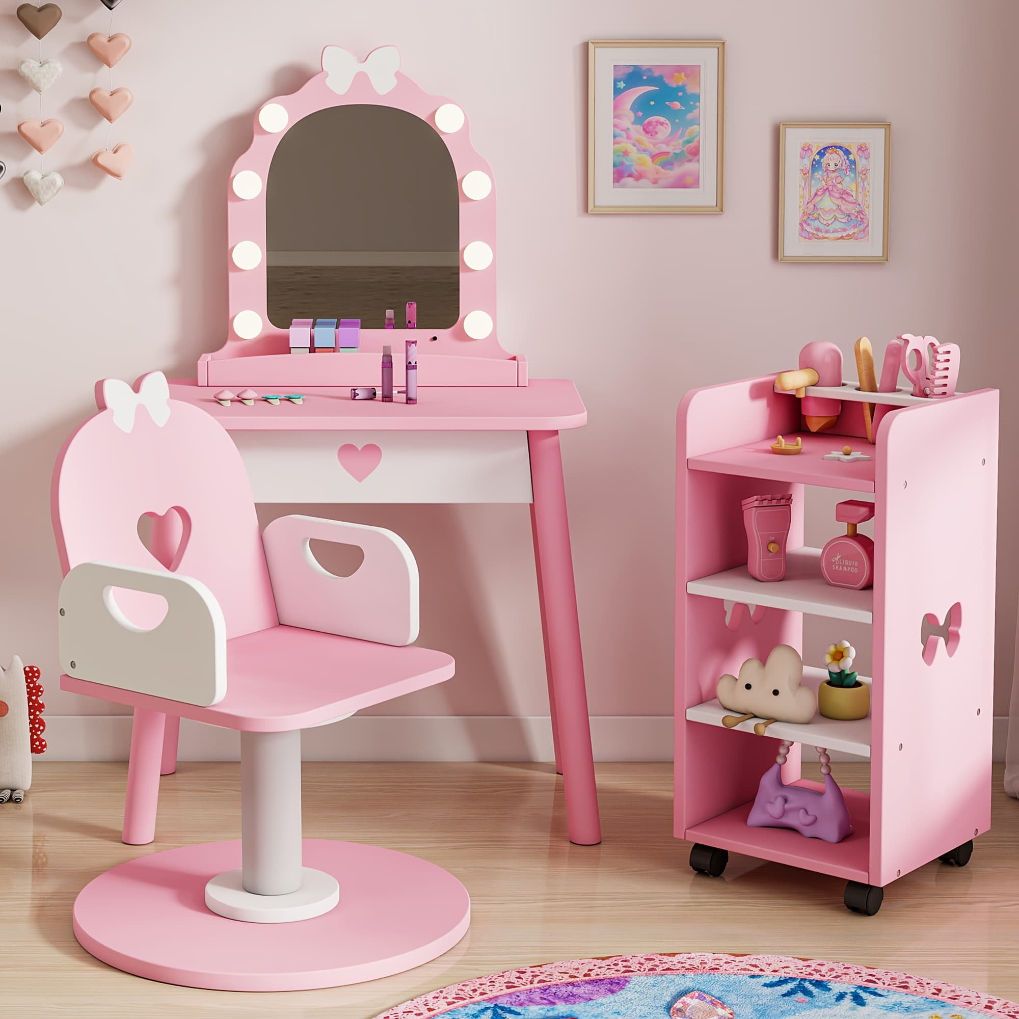 TEMU Kids Vanity Set With Light And Barber Chair, Pink Makeup Dressing Vanity Table With Storage Shelf And Hair Salon Play Set 7pcs Accessories, Pretend Play Vanity Set For Toddler Girls