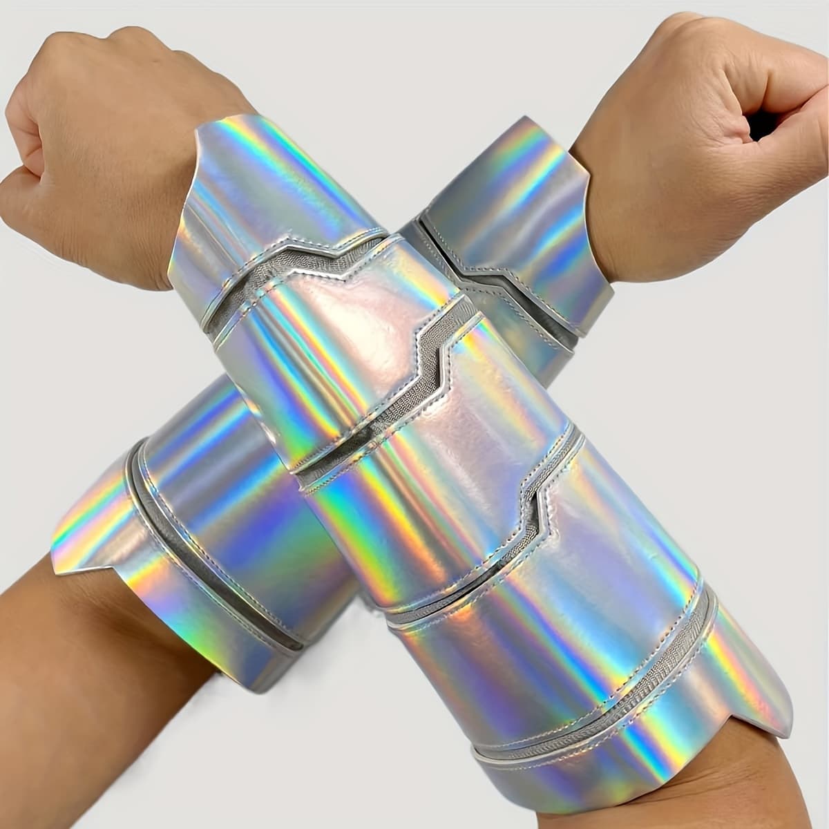 TEMU 1 Pair Golden Silvery Iridescent Faux Leather Wristbands, Stage Costume Performance Props