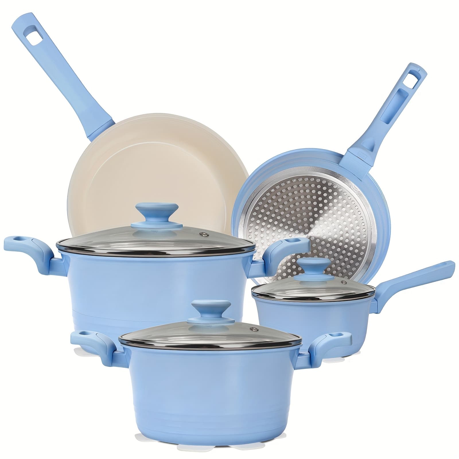 TEMU | 11pcs Aluminum Cookware Set, Nonstick Pots And Pans Set For Kitchen With Frying Pan, Sauce Pan, Stockpan, Pots And Pans For Cooking, Dishwasher Safe, Blue