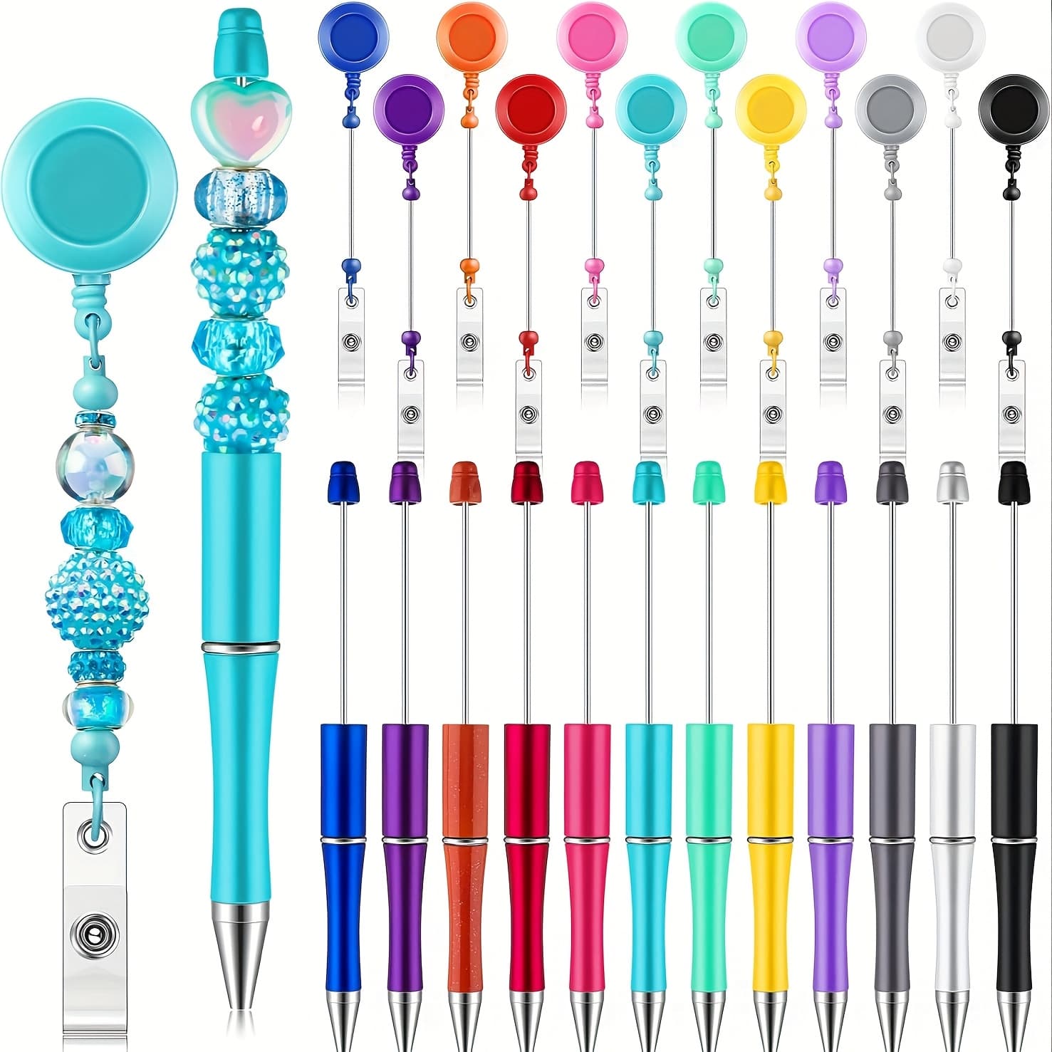TEMU 24/48pcs Beadable Kit 12 Beadable Ballpoint Pens Black Ink 12 Bead Badge Reels Retractable Id Name With Belt Clip Holder For Nurse Teacher Making Gift Office School Supplies