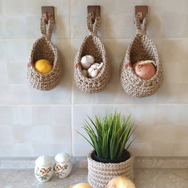 TEMU 3pcs Bohemian Wall-mounted Baskets, Small And Cute Kitchen Fruit And Vegetable Storage Baskets For Garlic And Onions, Home And Restaurant Decor, Shelf Baskets