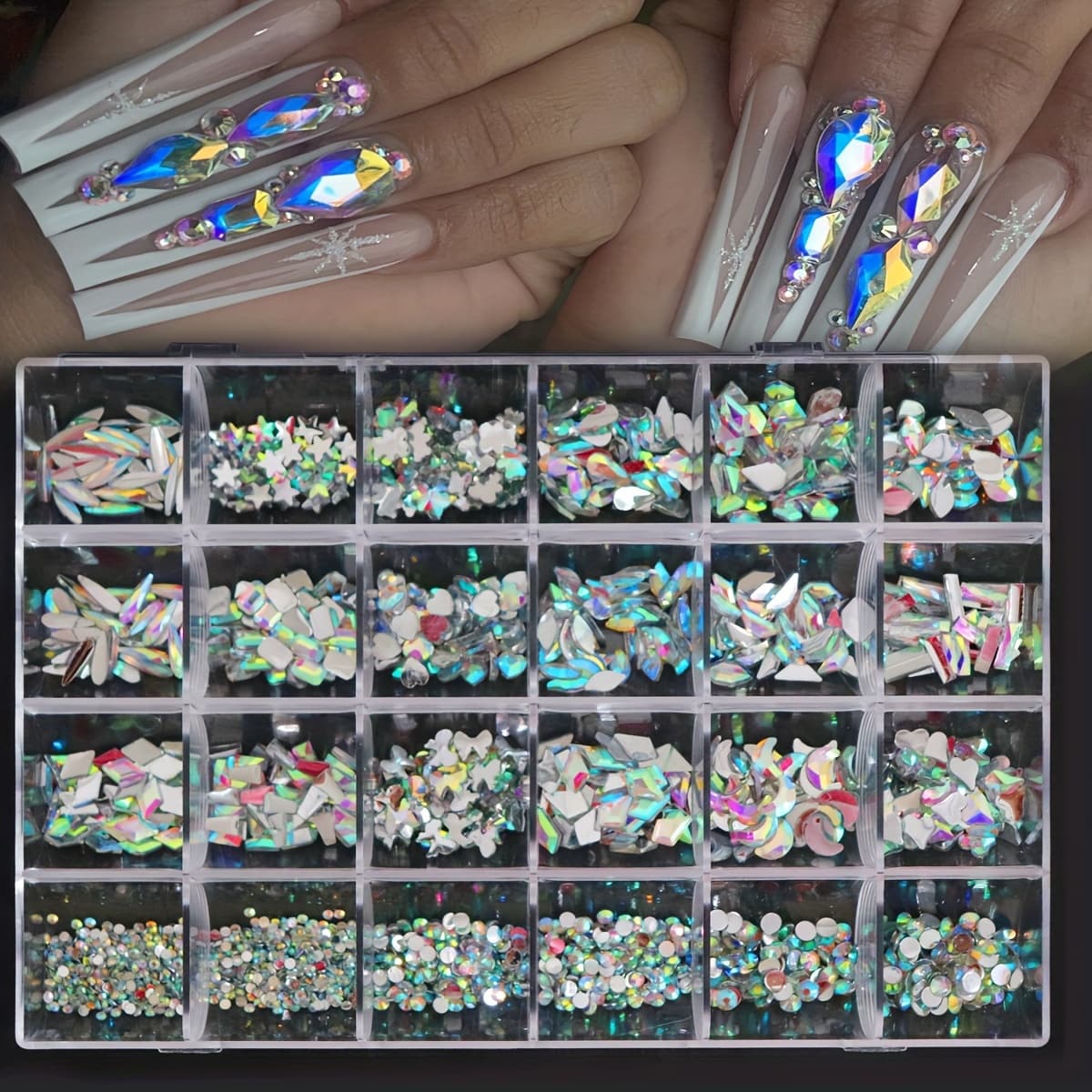 TEMU 24-slot Luxury Nail Art Kit With Shaped Rhinestones - Pre-shaped Diy Nail Decoration System, 24-slot For Hands, Feet & Nail Decor, Application For Parties, Weddings, Daily Wear - - Nail