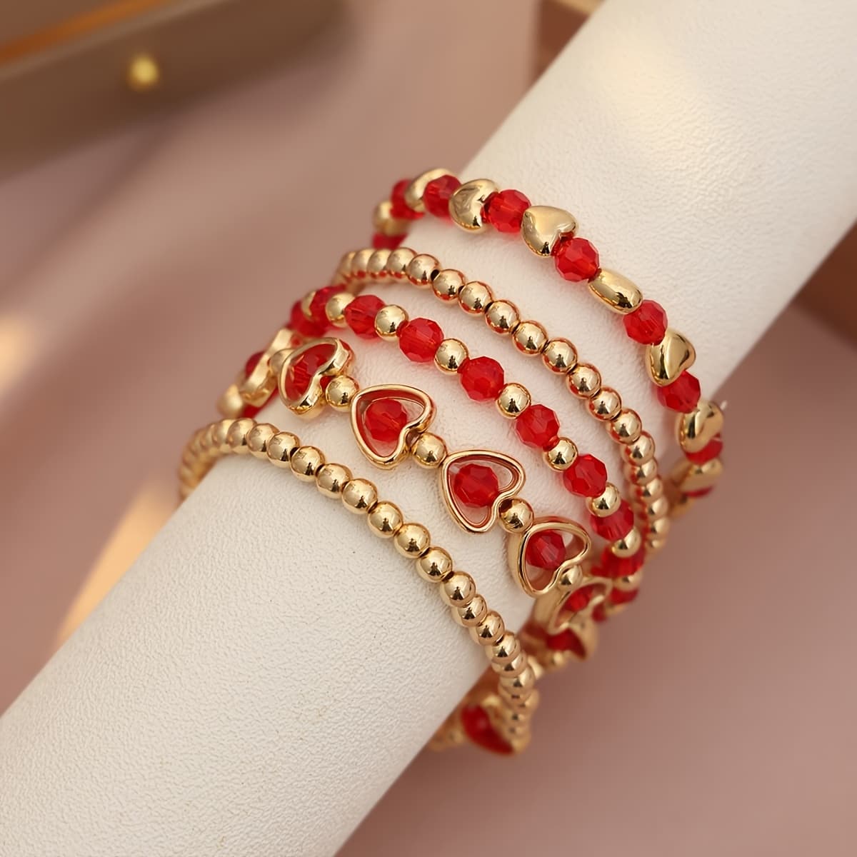 TEMU 5pcs Bohemian Women's Bracelet Set, Red Heart-shaped Beaded Stackable Bangles, A Versatile Accessory Suitable For Daily Wear And Parties, Ideal As A Valentine's Day Or New Year's Gift For Her