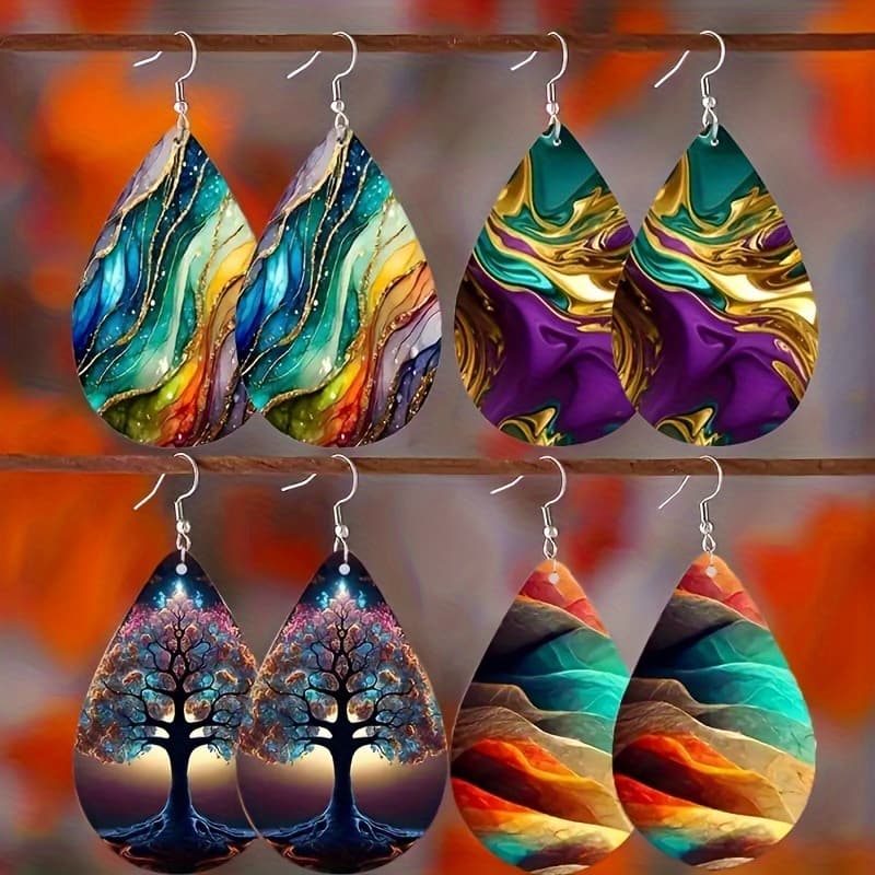 TEMU 4 Pairs/set Bohemian Y2k Gothic Rainbow Ombre Marble Fashion Swing Minimalist Teardrop Wooden Dangle Earrings Women's Women's Jewelry