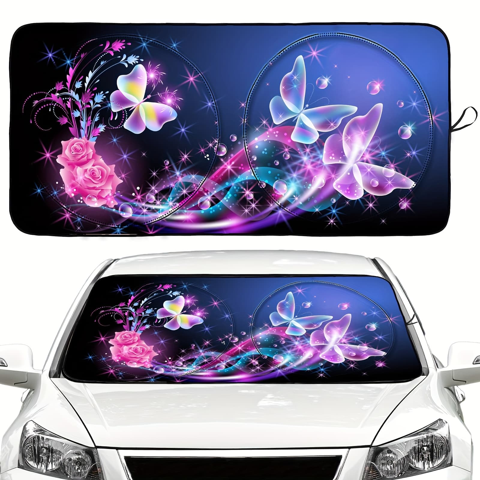 TEMU Purple Car Windshield Sunshade - Foldable Polyester Uv Protection Cover With Vibrant Design, Heat Reduction & Glare Prevention For Most Vehicles, Sun Shade For Car