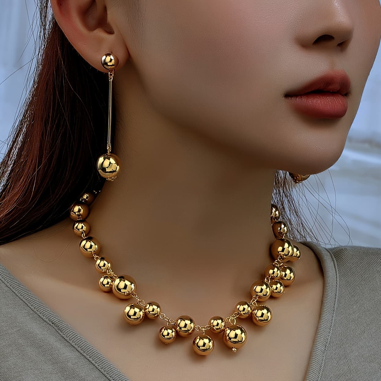 TEMU Women's Necklace And Earring Set, Featuring Multiple Geometric Round Bead String Necklaces With Earring Sets, A Trendy Jewelry Set For Women To Wear To Banquets, Parties, And Festivals