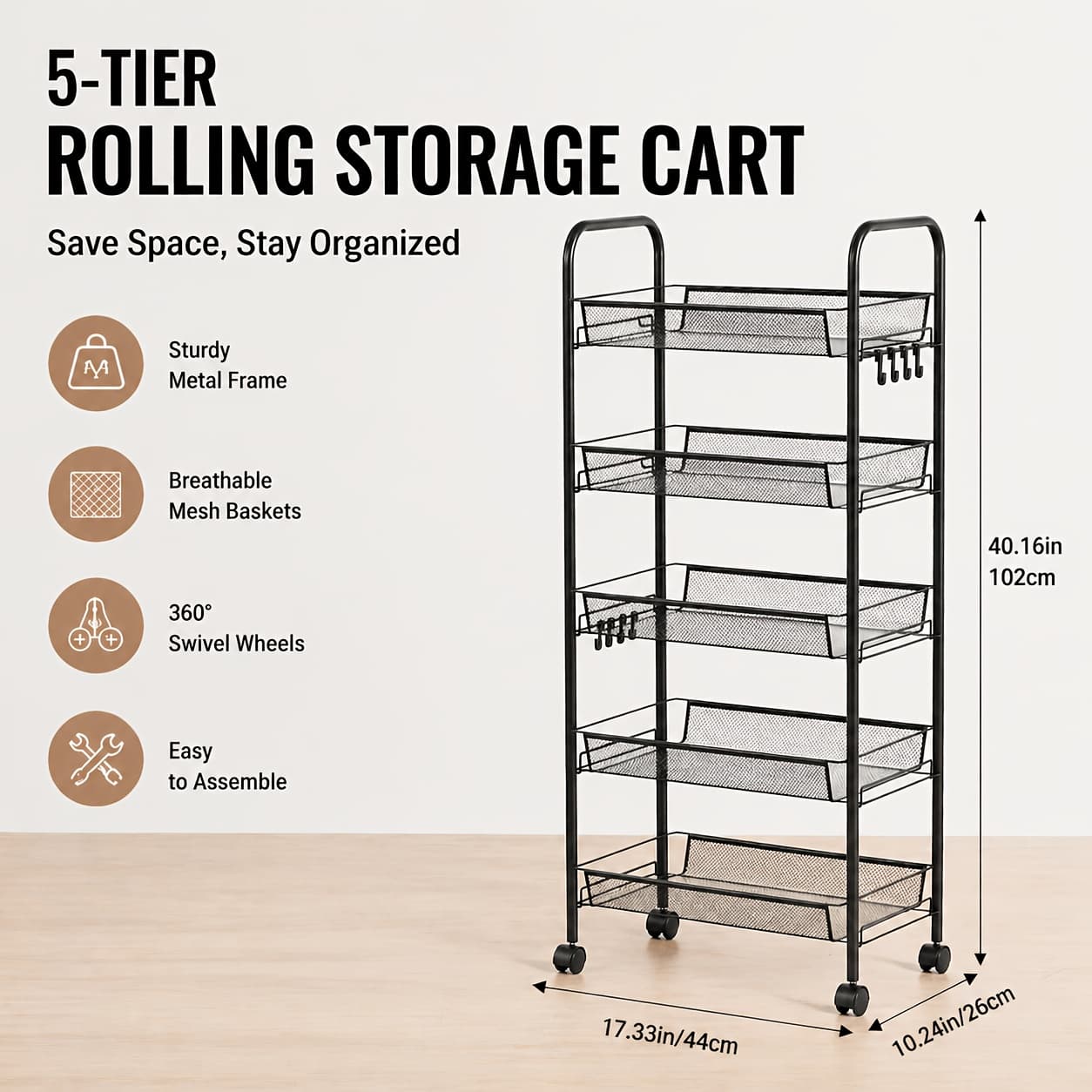 TEMU Mobile Metal Storage Shelf - 3/4/5-tier Metal Kitchen Trolley With Hooks, Rolling Cart With Wheels, Mesh Basket Layered Organizer For Narrow , Kitchen, Bathroom, Office, Study, Garage, Cart