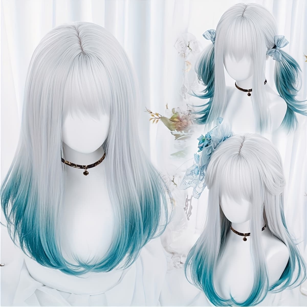 TEMU White Blue Gradient Synthetic Wig Women's Long Curly Casual Hairstyle Natural Wig