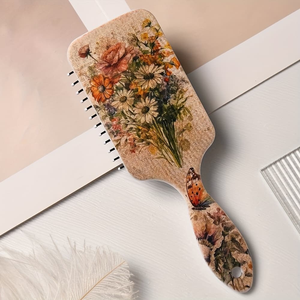TEMU 1pc Retro Floral And Wild Flower Pattern Air Cushion Hair Comb, Nylon Brush, Anti-static Abs Handle, Suitable For All Hair Types